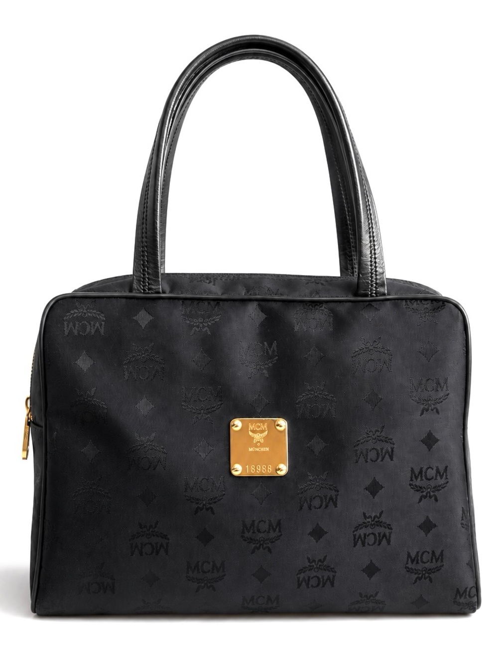 COA MCM Black Jacquard Logo Top-Handle Handbag